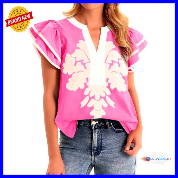 Tops - Ruffle Color Block Blouse Floral Print V Neck Pleated Loose Fit Summer Top